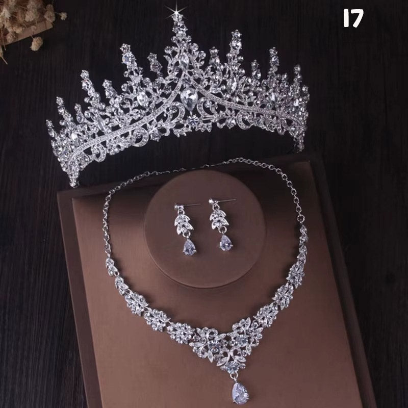 Kristal Taşlı Gelin Tacı & Uyumlu Takı Seti | Şık Düğün Tacı, Kolye, Küpe 17390