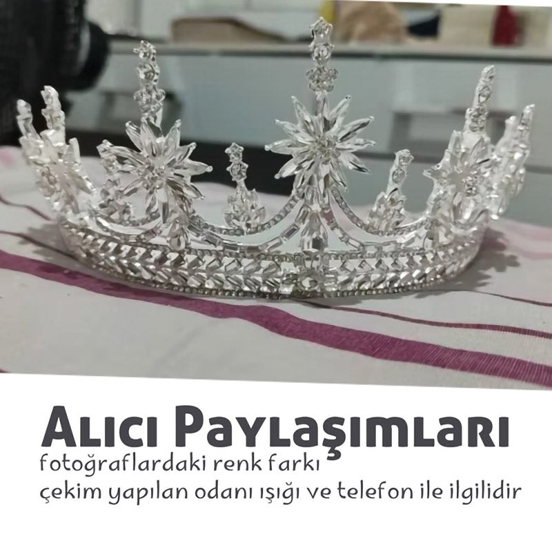 Yıldız Motifli Kristal Gelin Tacı - Gümüş Rengi Lüks Kına & Nişan Tacı 68910