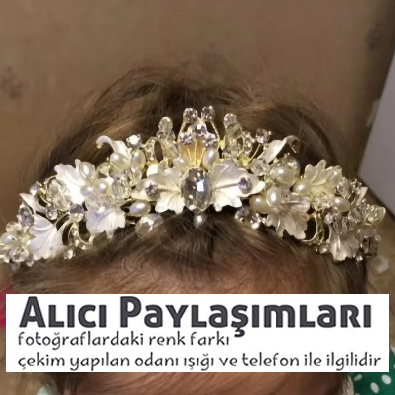 Işıltılı Kristal ve Boncuklu Çiçek Gelin Tacı 02055