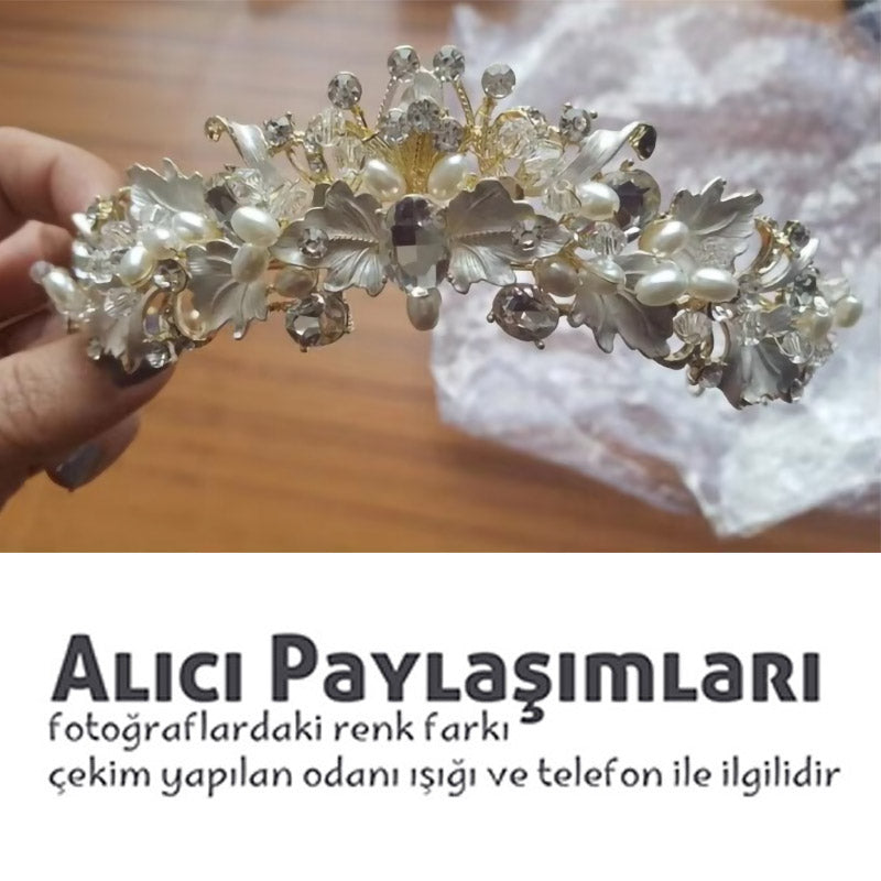 Işıltılı Kristal ve Boncuklu Çiçek Gelin Tacı 02055