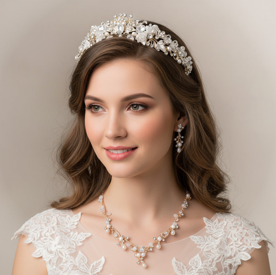Kristal Taşlı Gelin Tacı & Uyumlu Takı Seti | Şık Düğün Tacı, Kolye, Küpe 17390