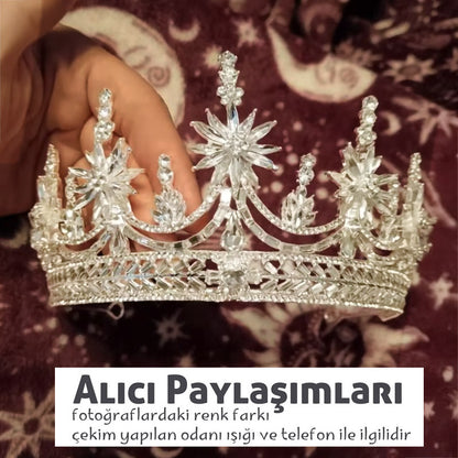 Yıldız Motifli Kristal Gelin Tacı - Gümüş Rengi Lüks Kına & Nişan Tacı 68910