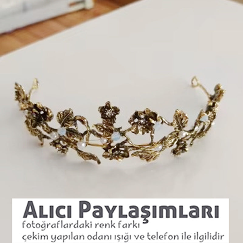 Altın Rengi Çiçekli Gelin Tacı - İnci ve Kristal Dokunuşlu Bride Tacı 06434