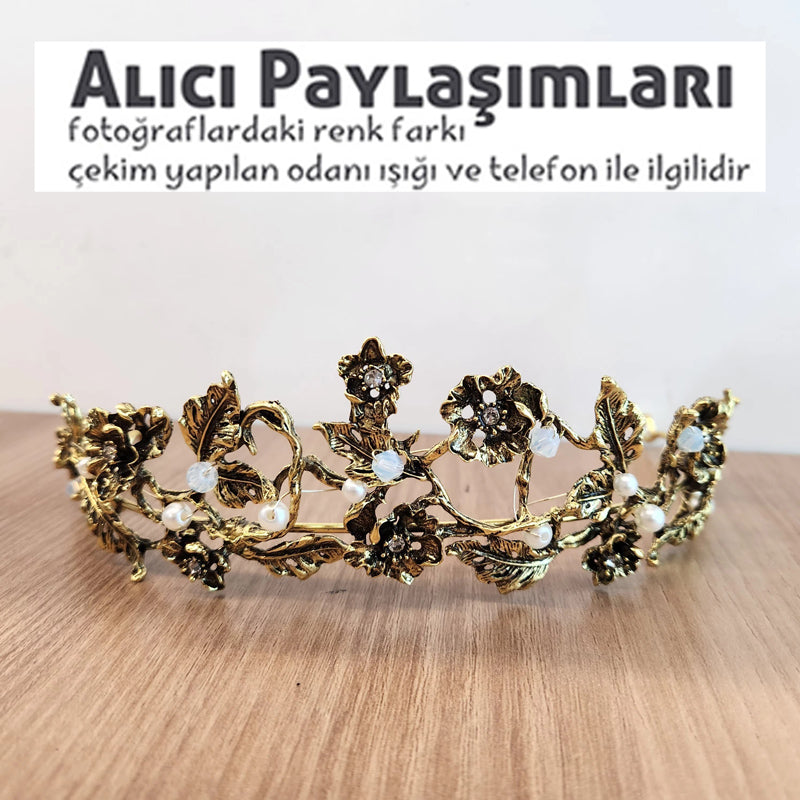 Altın Rengi Çiçekli Gelin Tacı - İnci ve Kristal Dokunuşlu Bride Tacı 06434