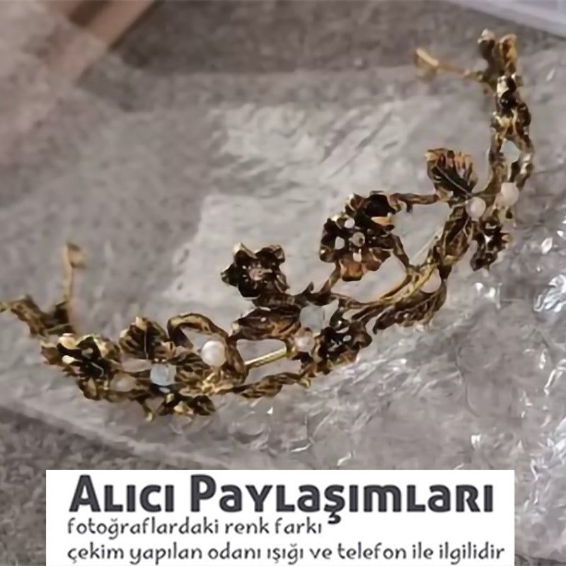 Altın Rengi Çiçekli Gelin Tacı - İnci ve Kristal Dokunuşlu Bride Tacı 06434