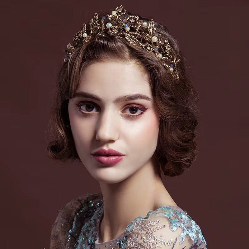 Altın Rengi Çiçekli Gelin Tacı - İnci ve Kristal Dokunuşlu Bride Tacı 06434