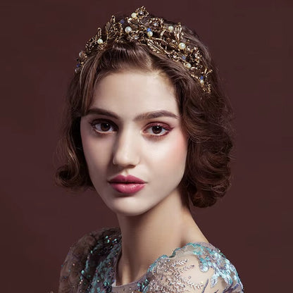 Altın Rengi Çiçekli Gelin Tacı - İnci ve Kristal Dokunuşlu Bride Tacı 06434