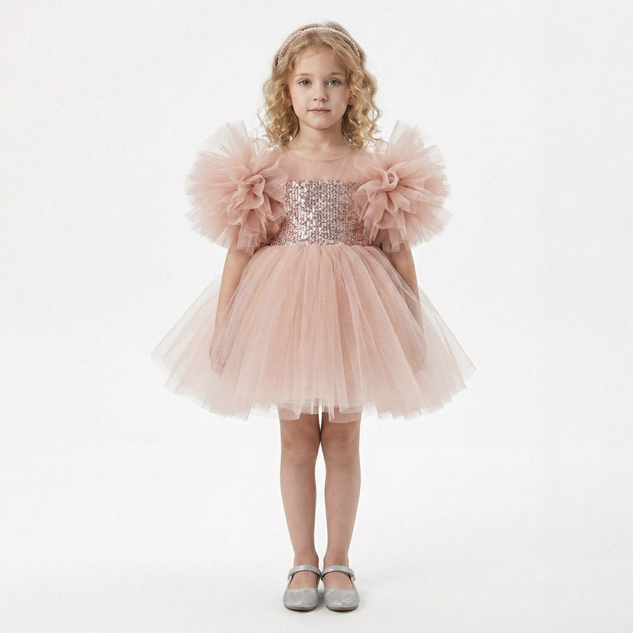 Kız Çocuk Ponpon Kollu Payetli ve Kabarık Tüllü Prenses Abiye Elbise