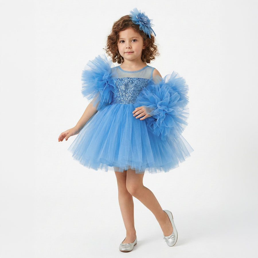 Kız Çocuk Ponpon Kollu Payetli ve Kabarık Tüllü Prenses Abiye Elbise 45415