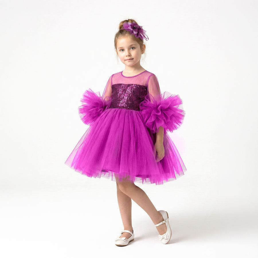 Kız Çocuk Ponpon Kollu Payetli ve Kabarık Tüllü Prenses Abiye Elbise 45415