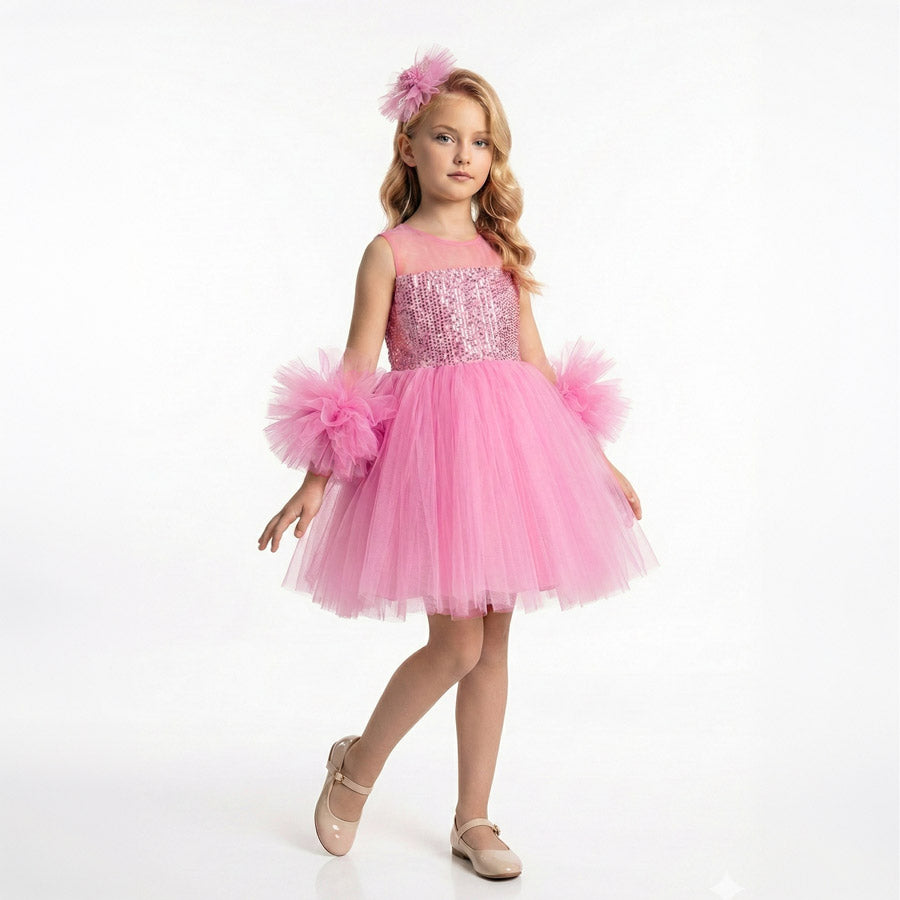 Kız Çocuk Ponpon Kollu Payetli ve Kabarık Tüllü Prenses Abiye Elbise 45415