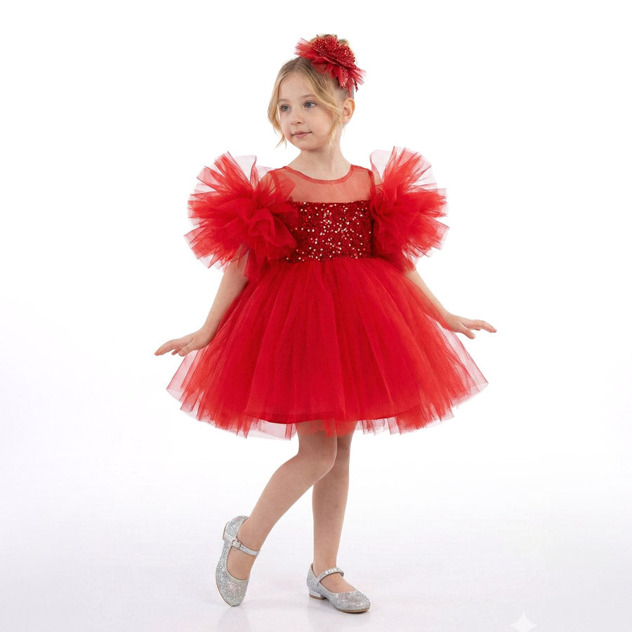 Kız Çocuk Ponpon Kollu Payetli ve Kabarık Tüllü Prenses Abiye Elbise
