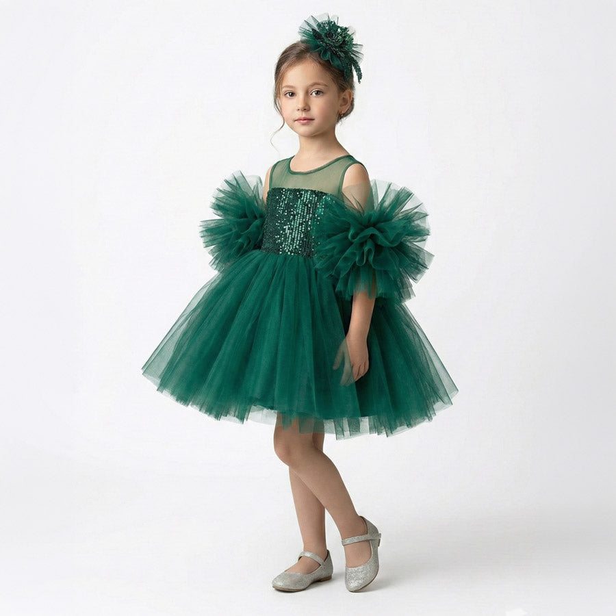 Kız Çocuk Ponpon Kollu Payetli ve Kabarık Tüllü Prenses Abiye Elbise 45415