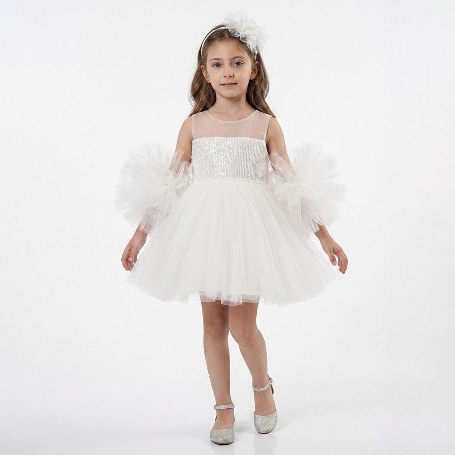 Kız Çocuk Ponpon Kollu Payetli ve Kabarık Tüllü Prenses Abiye Elbise 45415