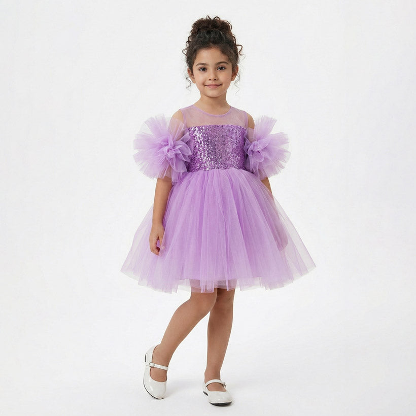 Kız Çocuk Ponpon Kollu Payetli ve Kabarık Tüllü Prenses Abiye Elbise 45415