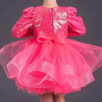 Kız Çocuk Gren Detaylı Kabarık Tüllü ve Pul Payetli Uzun Kollu Abiye Elbise 35271