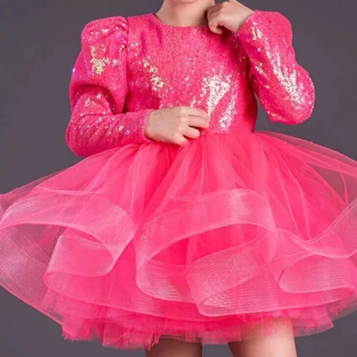 Kız Çocuk Gren Detaylı Kabarık Tüllü ve Pul Payetli Uzun Kollu Abiye Elbise 35271