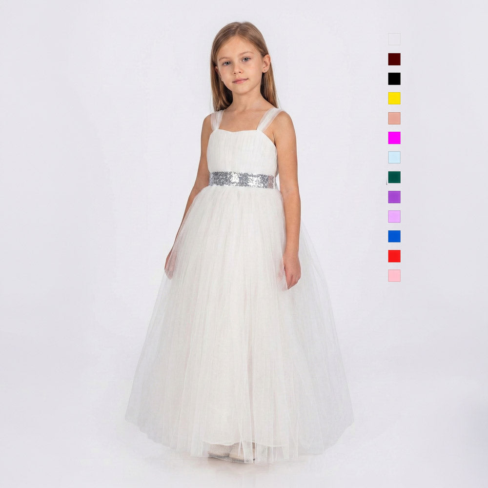 Kız Çocuk Sırtı Gipeli Tütü Etekli Payet Kemerli Uzun Abiye Elbise 74429