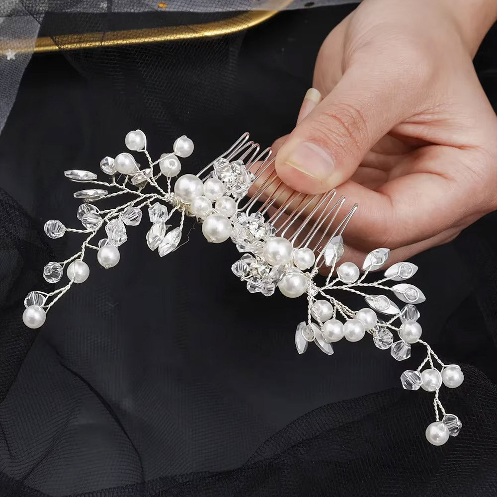 Gelin Saçı İçin Parlak Kristal İnci Taşlı Çiçek Desenli Saç Süsü 92683