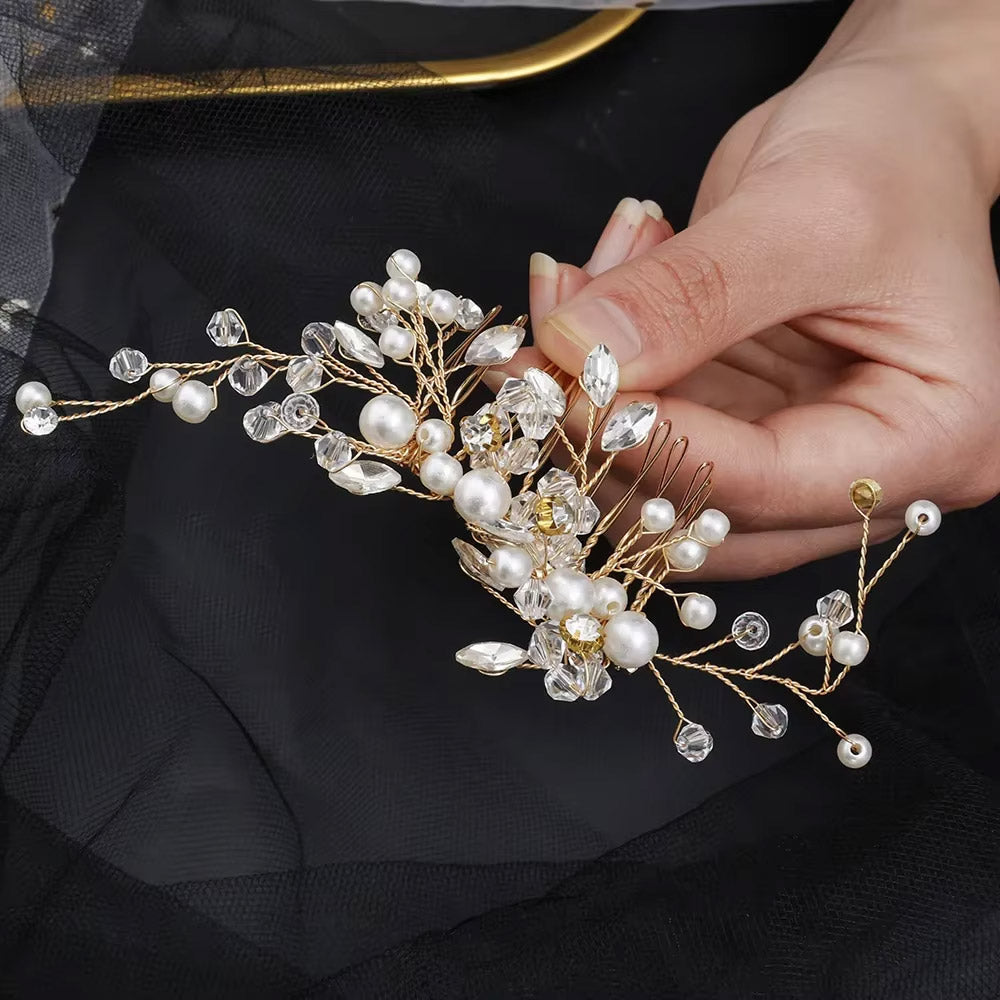 Gelin Saçı İçin Parlak Kristal İnci Taşlı Çiçek Desenli Saç Süsü 92683
