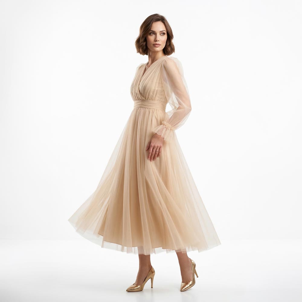 Kadın Nude Bej Kruvaze Yaka Uzun Balon Kollu Tül Abiye Elbise 87827