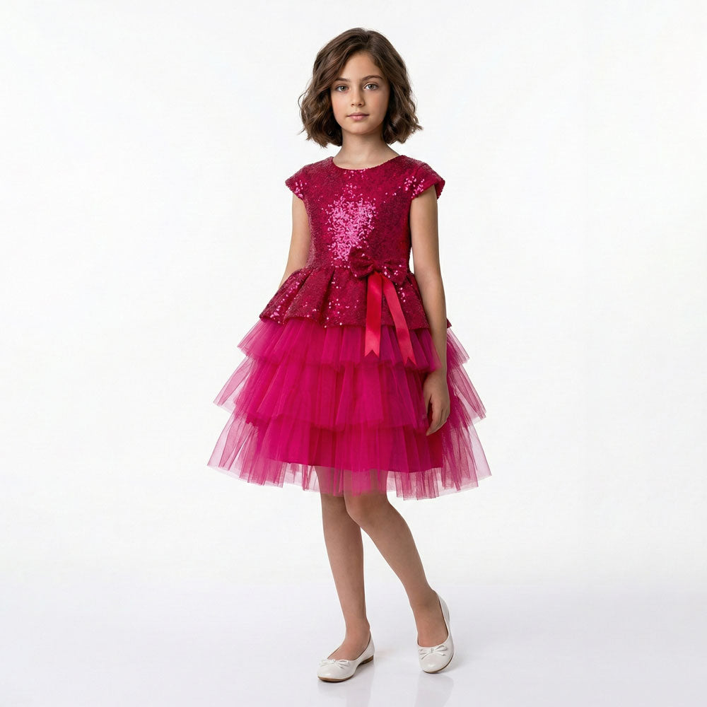 Kız Çocuk Payetli ve Kat Kat Tüllü Doğum Günü Abiye Elbise 94304