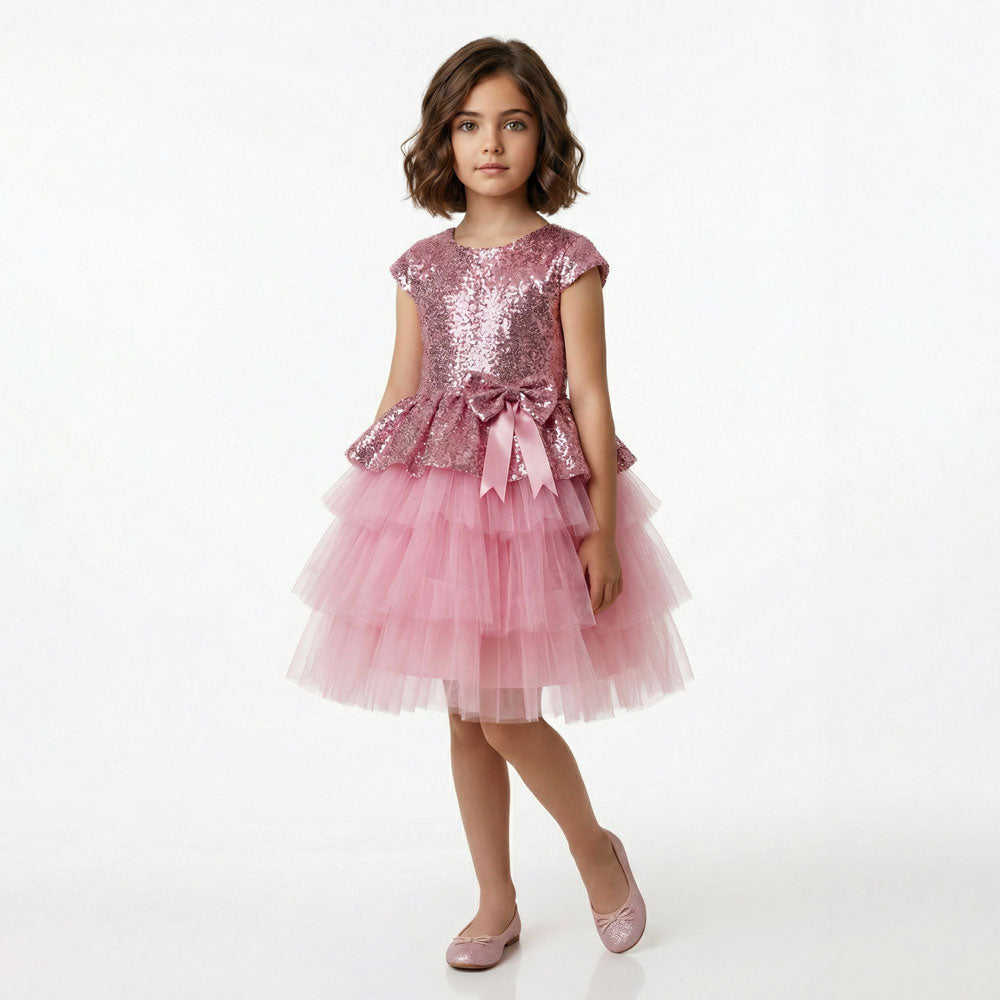 Kız Çocuk Payetli ve Kat Kat Tüllü Doğum Günü Abiye Elbise 94304
