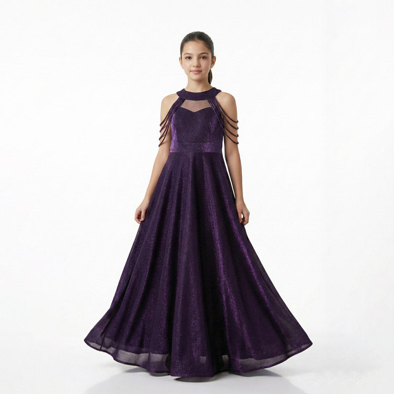 kolsuz, bisiklet yaka ve saten kumaşlı genç kız mezuniyet elbisesi.