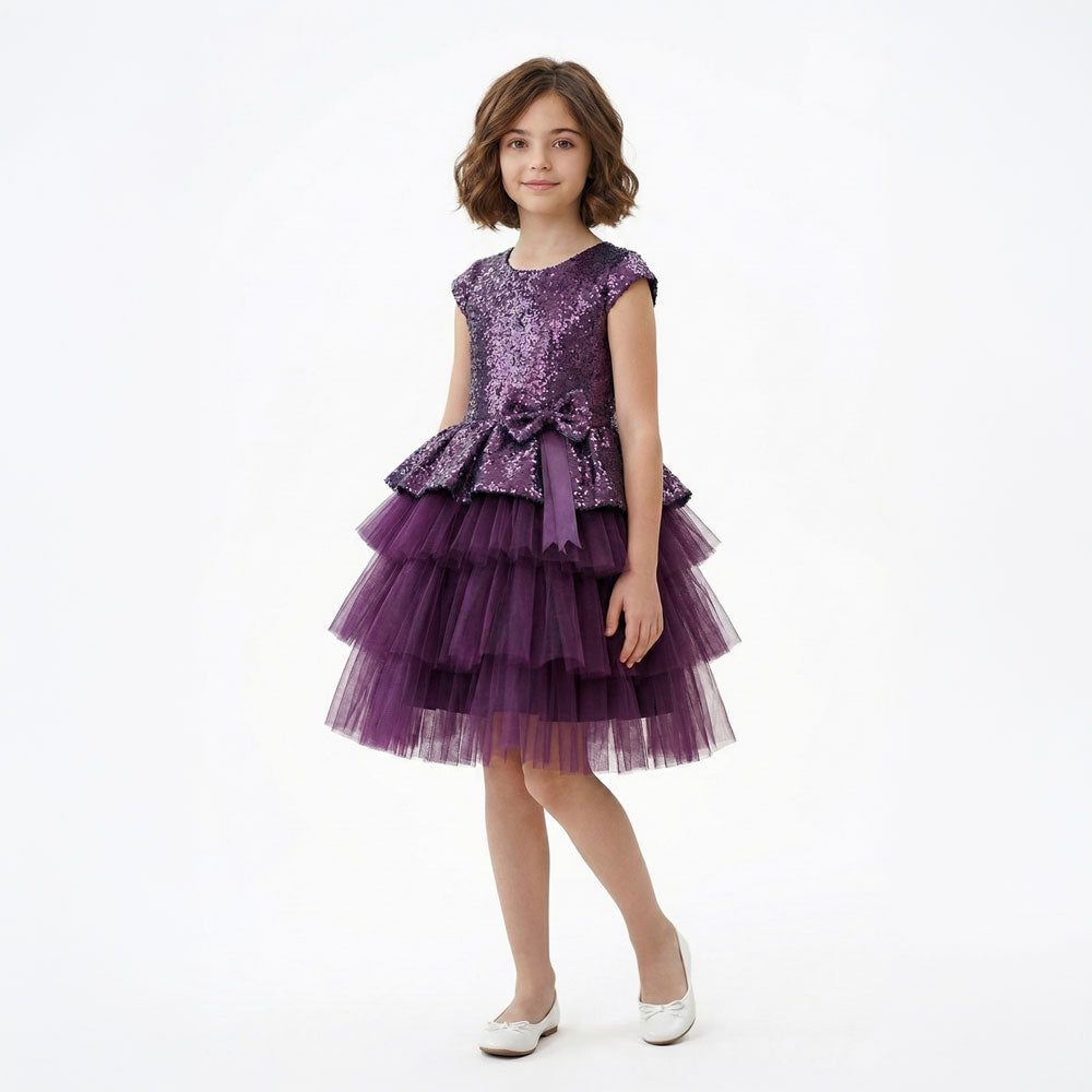 Kız Çocuk Payetli ve Kat Kat Tüllü Doğum Günü Abiye Elbise