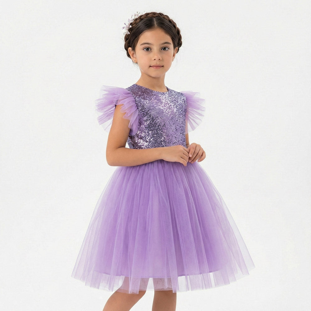 Kız Çocuk Gümüş Pul İşlemeli Kabarık Tüllü Abiye Elbise 43408