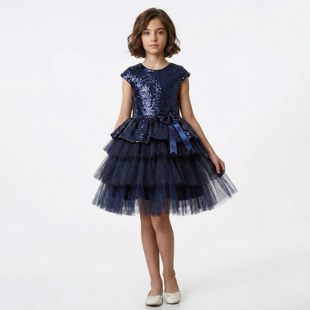 Kız Çocuk Payetli ve Kat Kat Tüllü Doğum Günü Abiye Elbise