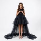 Kız Çocuk Siyah Asimetrik Kesim Kuyruklu Tül Abiye Elbise 24364