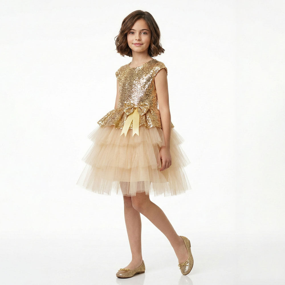 Kız Çocuk Payetli ve Kat Kat Tüllü Doğum Günü Abiye Elbise 94304