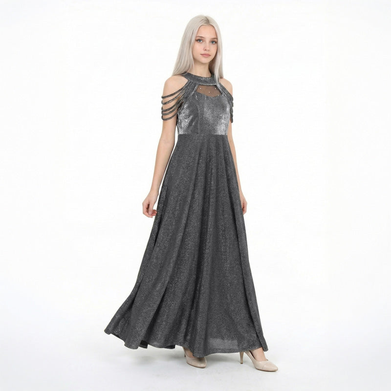 bisiklet yaka ve saten kumaşlı genç kız mezuniyet elbisesi.