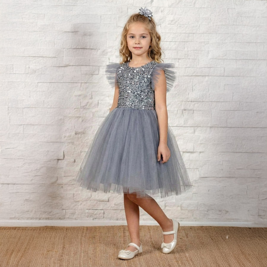 Gri Pul İşlemeli ve Tüllü Kız Çocuk Abiye Elbise 77078