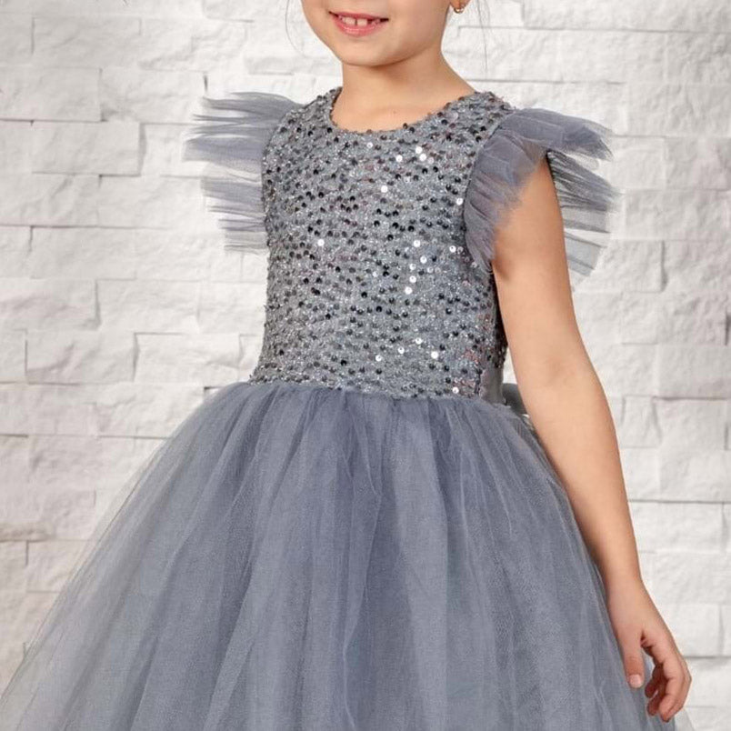 Gri Pul İşlemeli ve Tüllü Kız Çocuk Abiye Elbise 77078