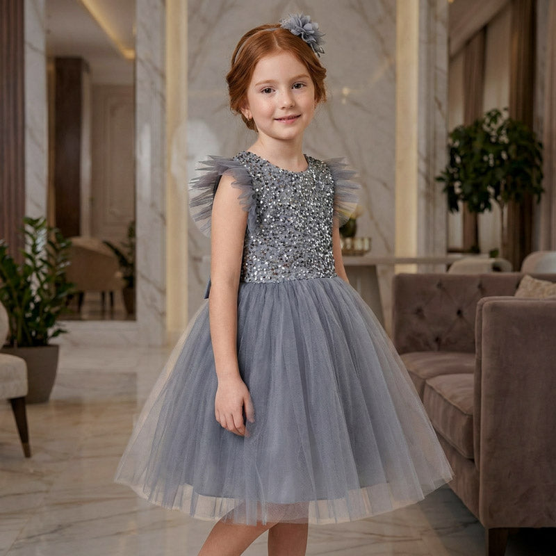 Gri Pul İşlemeli ve Tüllü Kız Çocuk Abiye Elbise 77078