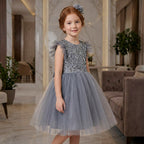 Gri Pul İşlemeli ve Tüllü Kız Çocuk Abiye Elbise 77078