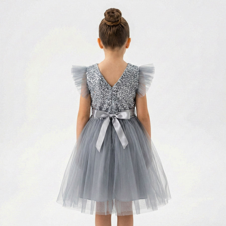 Gri Pul İşlemeli ve Tüllü Kız Çocuk Abiye Elbise 77078