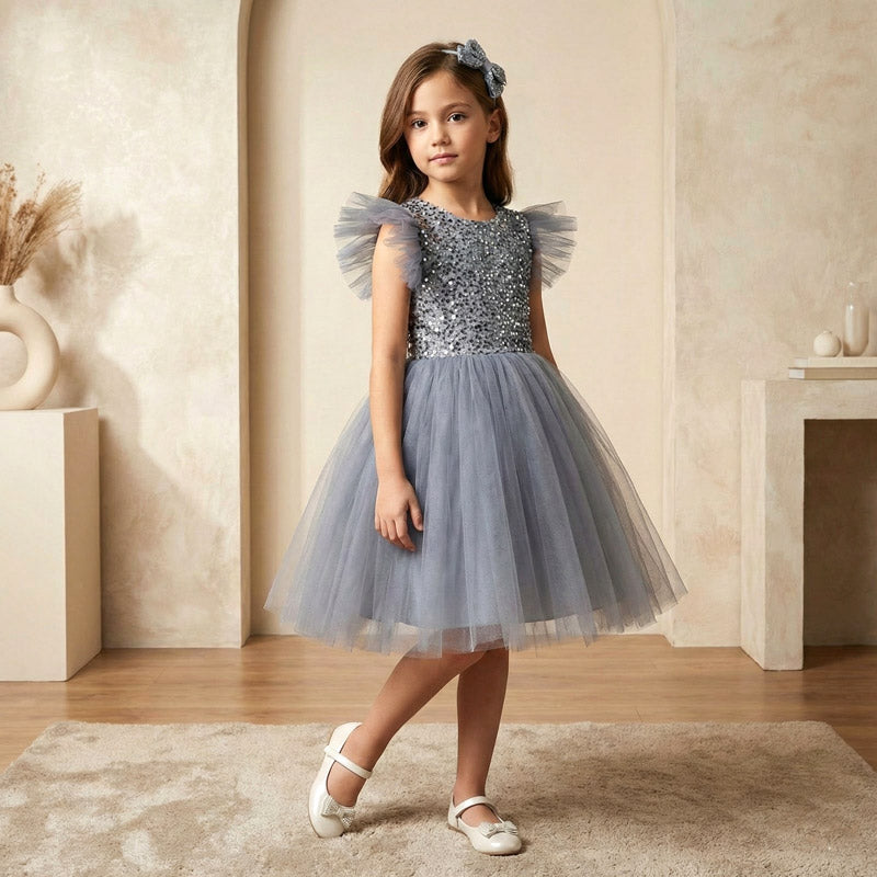 Gri Pul İşlemeli ve Tüllü Kız Çocuk Abiye Elbise 77078