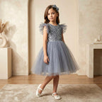 Gri Pul İşlemeli ve Tüllü Kız Çocuk Abiye Elbise 77078