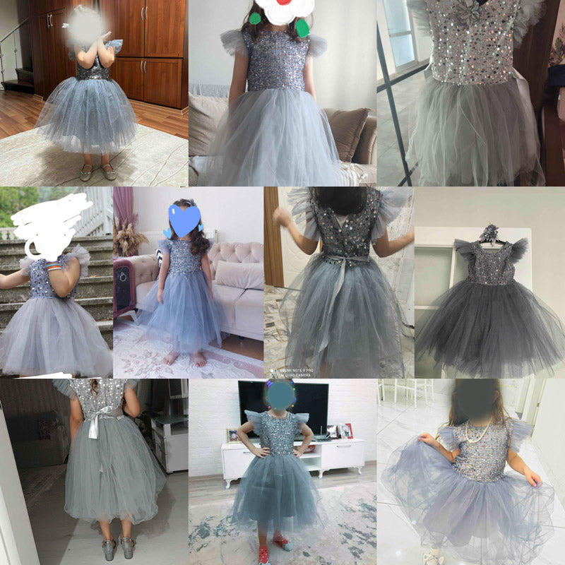 Gri Pul İşlemeli ve Tüllü Kız Çocuk Abiye Elbise 77078