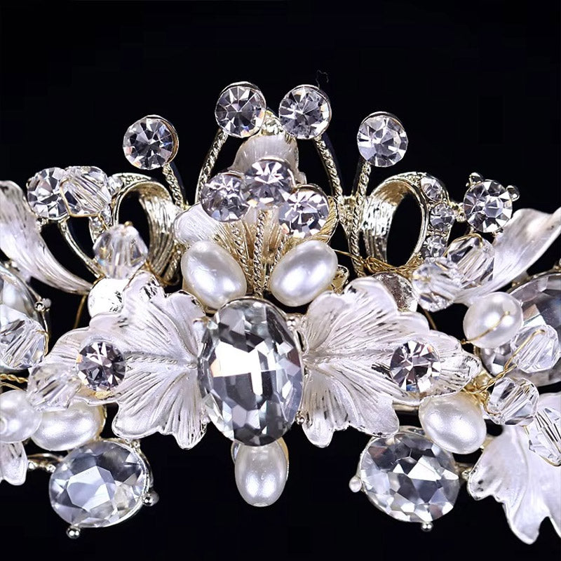 Işıltılı Kristal ve Boncuklu Çiçek Gelin Tacı 02055