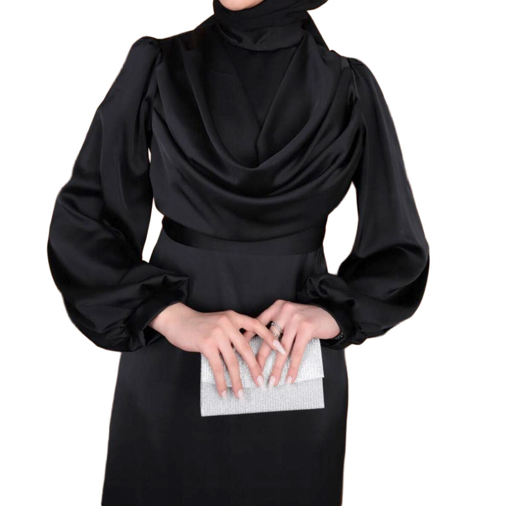 Kadın Siyah Degaje Yaka Kemerli Saten Tesettür Abiye