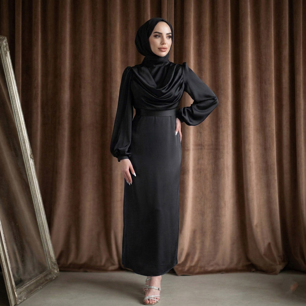 Kadın Siyah Degaje Yaka Kemerli Saten Tesettür Abiye 33502