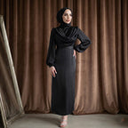 Kadın Siyah Degaje Yaka Kemerli Saten Tesettür Abiye 33502