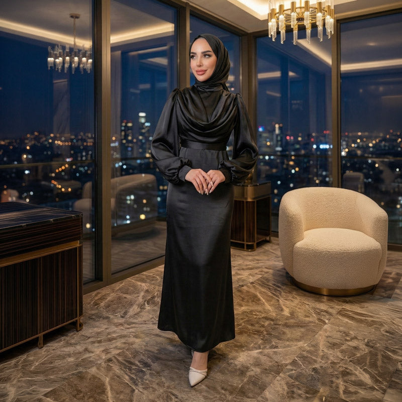 Kadın Siyah Degaje Yaka Kemerli Saten Tesettür Abiye 33502