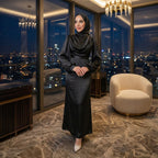 Kadın Siyah Degaje Yaka Kemerli Saten Tesettür Abiye 33502