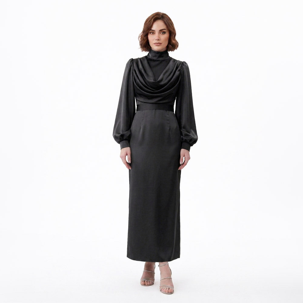 Kadın Siyah Degaje Yaka Kemerli Saten Tesettür Abiye 33502