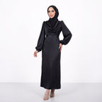 Kadın Siyah Degaje Yaka Kemerli Saten Tesettür Abiye 33502